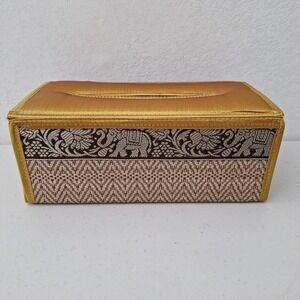 Vintage‎ MCM Mid Tissue Box Cover Collapsing Fabric Tapestry Elephant Design